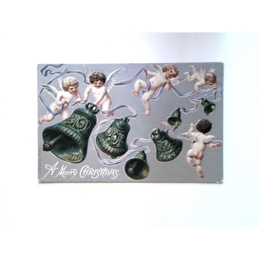 1906 Embossed Christmas Postcard Cherubs Angels Bells Merry Christmas